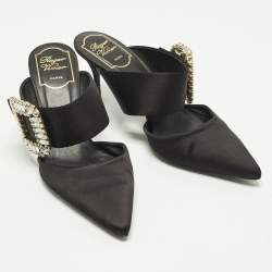 Pre Owned Roger Vivier Size 36 Black Satin Buckle Crystal Embellished Mules