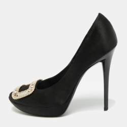 Pre Owned Roger Vivier Limelight Size 39.5 Black Satin Crystal Embellished Platform Pumps
