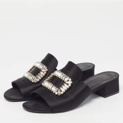 مملوكة مسبقًا صندل سلايد روجر فيفييه مزخرف كريستال ساتان أسود مقاس 41