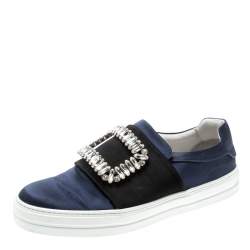 Roger Vivier Blue Satin Sneaky Viv Embellished Slip On Sneakers Size 37