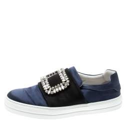 Roger Vivier Blue Satin Sneaky Viv Embellished Slip On Sneakers Size 37