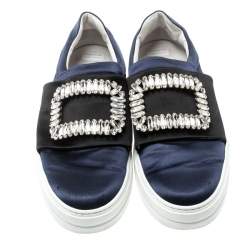 Roger Vivier Blue Satin Sneaky Viv Embellished Slip On Sneakers Size 37