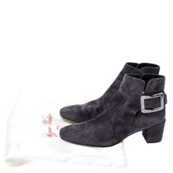 Pre Owned Roger Vivier Grey Suede Polly Side Buckle Ankle Boots Size 37