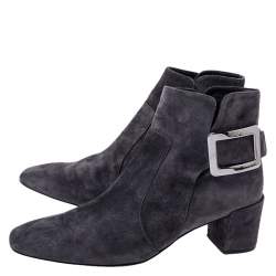 Pre Owned Roger Vivier Grey Suede Polly Side Buckle Ankle Boots Size 37