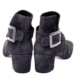 Pre Owned Roger Vivier Grey Suede Polly Side Buckle Ankle Boots Size 37