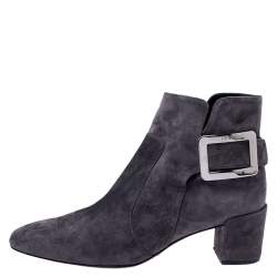 Pre Owned Roger Vivier Grey Suede Polly Side Buckle Ankle Boots Size 37