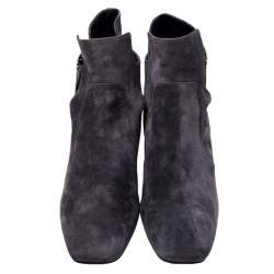 Pre Owned Roger Vivier Grey Suede Polly Side Buckle Ankle Boots Size 37