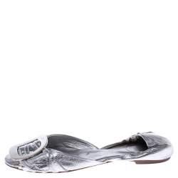 Roger Vivier Silver Metallic Leather Chip Detail Open Toe Flats Size 36