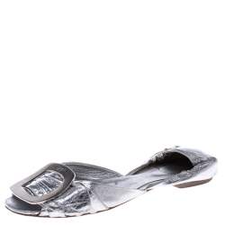 Roger Vivier Silver Metallic Leather Chip Detail Open Toe Flats Size 36