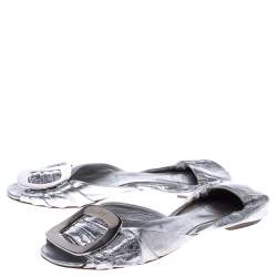 Roger Vivier Silver Metallic Leather Chip Detail Open Toe Flats Size 36