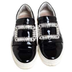 Pre Owned Roger Vivier Black Patent Leather Sneaky Viv Crystal Embellished Slip On Sneakers Size 36.5