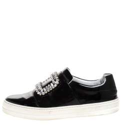 Pre Owned Roger Vivier Black Patent Leather Sneaky Viv Crystal Embellished Slip On Sneakers Size 36.5