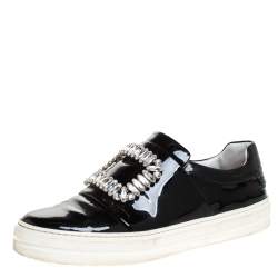 Pre Owned Roger Vivier Black Patent Leather Sneaky Viv Crystal Embellished Slip On Sneakers Size 36.5