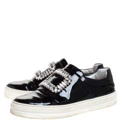 Pre Owned Roger Vivier Black Patent Leather Sneaky Viv Crystal Embellished Slip On Sneakers Size 36.5
