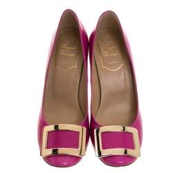 Pre Owned Roger Vivier Pink Leather Metal Logo Round Toe Pumps Size 36