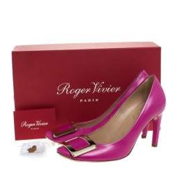 Pre Owned Roger Vivier Pink Leather Metal Logo Round Toe Pumps Size 36
