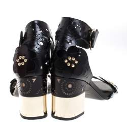 Pre Owned Roger Vivier Black Leather Floral Applique Laser Cut Ankle Strap Sandals Size 40