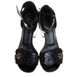 Pre Owned Roger Vivier Black Leather Floral Applique Laser Cut Ankle Strap Sandals Size 40