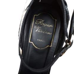 Pre Owned Roger Vivier Black Leather Floral Applique Laser Cut Ankle Strap Sandals Size 40