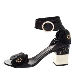 Pre Owned Roger Vivier Black Leather Floral Applique Laser Cut Ankle Strap Sandals Size 40