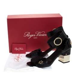 Pre Owned Roger Vivier Black Leather Floral Applique Laser Cut Ankle Strap Sandals Size 40