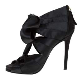 Pre Owned Roger Vivier Black Satin Cut Out Tie Up Sandals Size 39