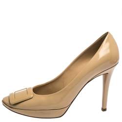 Roger Vivier Beige Patent Leather Square Toe Pumps Size 39