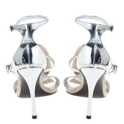 Pre Owned Roger Vivier Silver Leather And Canvas Rose Effiloche Sin Ankle Strap Sandals Size 37