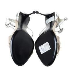 Pre Owned Roger Vivier Silver Leather And Canvas Rose Effiloche Sin Ankle Strap Sandals Size 37