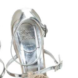 Pre Owned Roger Vivier Silver Leather And Canvas Rose Effiloche Sin Ankle Strap Sandals Size 37