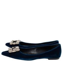 Pre Owned Roger Vivier Blue Velvet Dec Flower Crystal Embellished Pointed Toe Ballet Flats Size 37