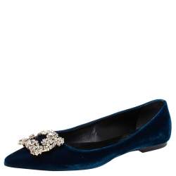 Pre Owned Roger Vivier Blue Velvet Dec Flower Crystal Embellished Pointed Toe Ballet Flats Size 37
