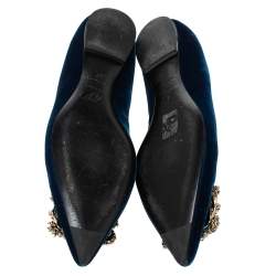 Pre Owned Roger Vivier Blue Velvet Dec Flower Crystal Embellished Pointed Toe Ballet Flats Size 37