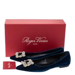 Pre Owned Roger Vivier Blue Velvet Dec Flower Crystal Embellished Pointed Toe Ballet Flats Size 37