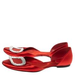 Roger Vivier Red Satin Strass Chips Ballerina D'orsay Flats Size 39