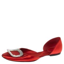 Roger Vivier Red Satin Strass Chips Ballerina D'orsay Flats Size 39