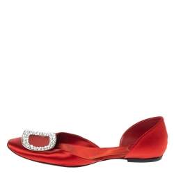 Roger Vivier Red Satin Strass Chips Ballerina D'orsay Flats Size 39