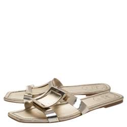 Roger Vivier Gold Leather Flat Slides Size 40.5 