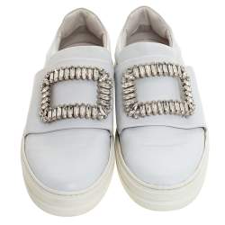 Pre Owned Roger Vivier White Leather Sneaky Viv Embellished Slip On Sneakers Size 38.5
