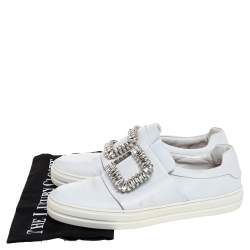 Pre Owned Roger Vivier White Leather Sneaky Viv Embellished Slip On Sneakers Size 38.5