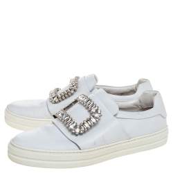 Pre Owned Roger Vivier White Leather Sneaky Viv Embellished Slip On Sneakers Size 38.5