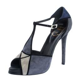 Roger Vivier Tri Color Suede T-Bar Ankle Strap Peep Toe Platform Pumps Size 39
