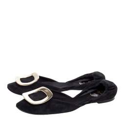 Pre Owned Roger Vivier Black Suede Leather Chips Scrunch Ballet Flats Size 37