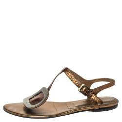 Pre Owned Roger Vivier Metallic Bronze Leather Chips Embellished Flat Sandals Size 36
