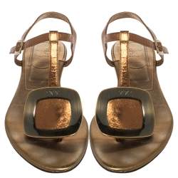 Pre Owned Roger Vivier Metallic Bronze Leather Chips Embellished Flat Sandals Size 36