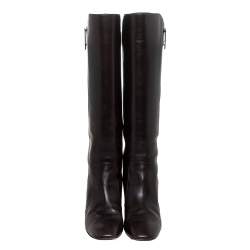 Pre Owned Roger Vivier Dark Brown Leather Buckle Detail Knee Length Boots Size 36.5