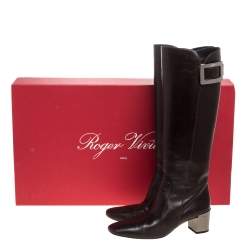 Pre Owned Roger Vivier Dark Brown Leather Buckle Detail Knee Length Boots Size 36.5