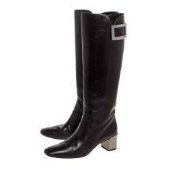 Pre Owned Roger Vivier Dark Brown Leather Buckle Detail Knee Length Boots Size 36.5