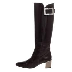 Pre Owned Roger Vivier Dark Brown Leather Buckle Detail Knee Length Boots Size 36.5