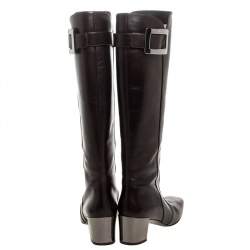 Pre Owned Roger Vivier Dark Brown Leather Buckle Detail Knee Length Boots Size 36.5